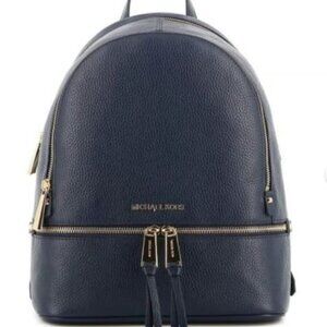 MICHAEL KORS Rhea Medium Pebbled Slim Backpack Navy NWT